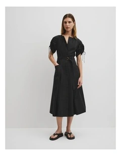 Gathered Sleeve Midi Dress in Black