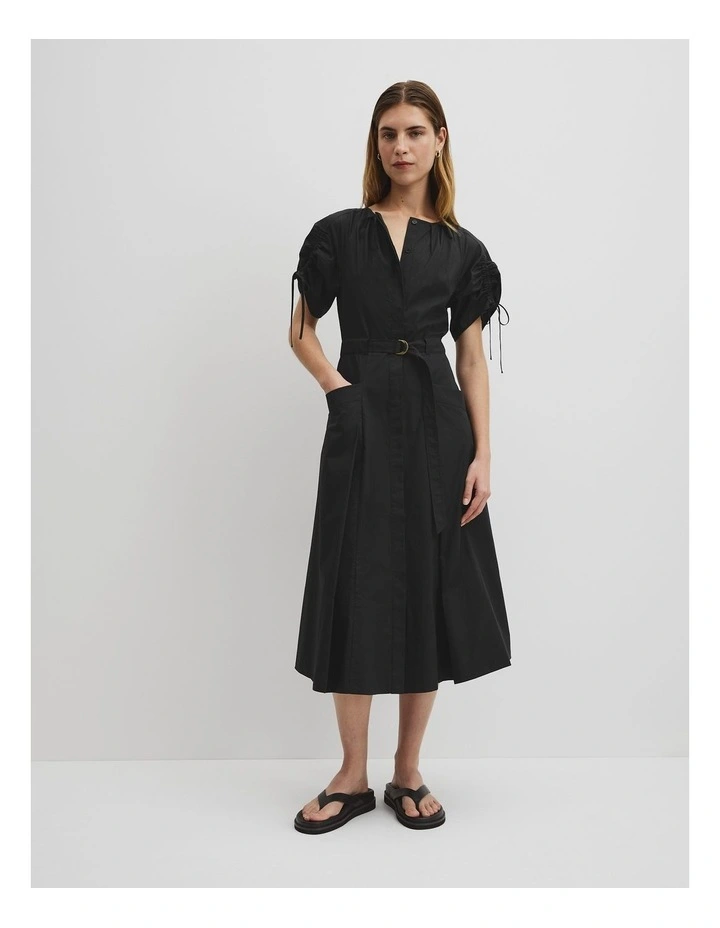 Gathered Sleeve Midi Dress in Black image 1