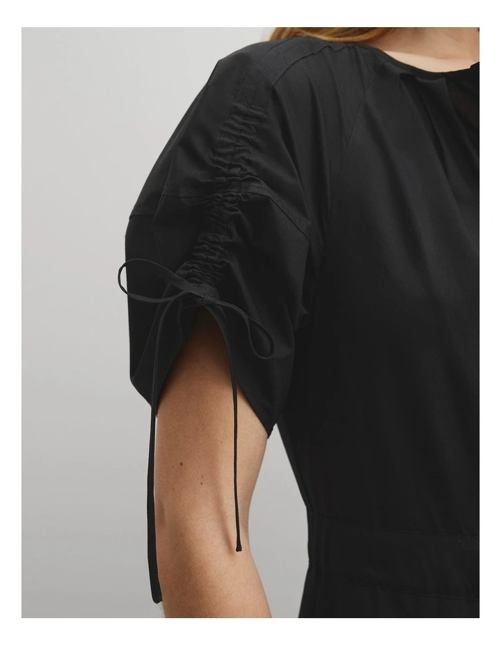 Gathered Sleeve Midi Dress in Black image 3