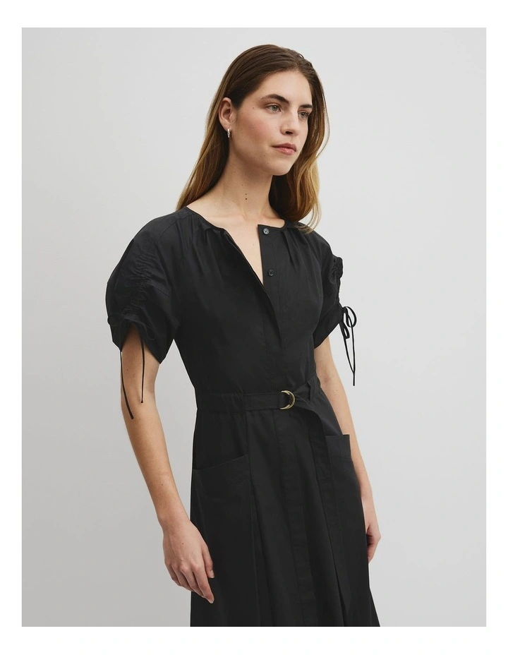 Gathered Sleeve Midi Dress in Black image 4