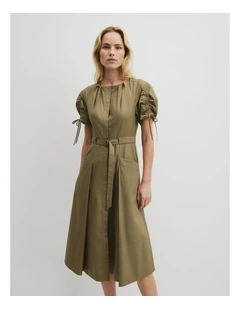 Gathered Sleeve Midi Dress in Olive Haze