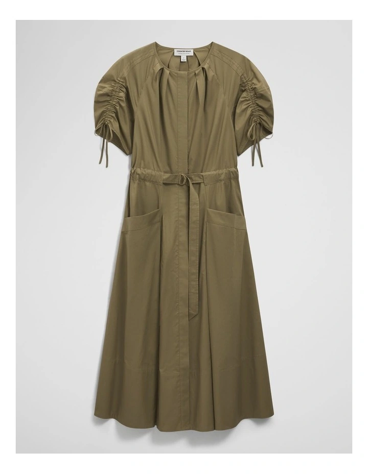 Gathered Sleeve Midi Dress in Olive Haze image 2