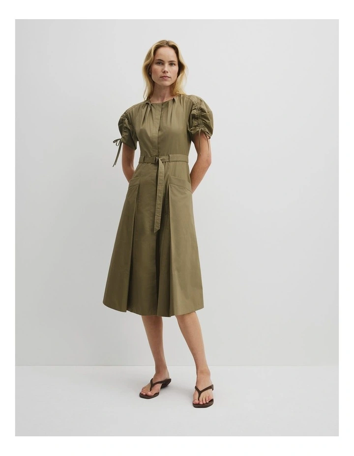Gathered Sleeve Midi Dress in Olive Haze image 4