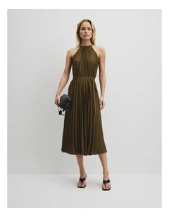 Pleat Midi Dress in Light Khaki