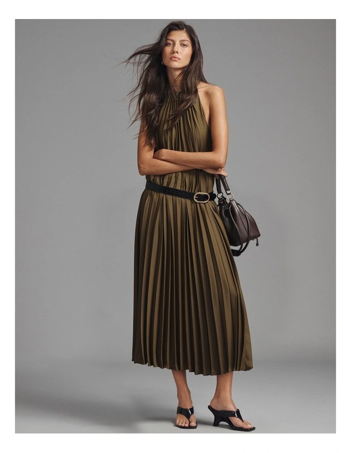 Pleat Midi Dress in Light Khaki image 6
