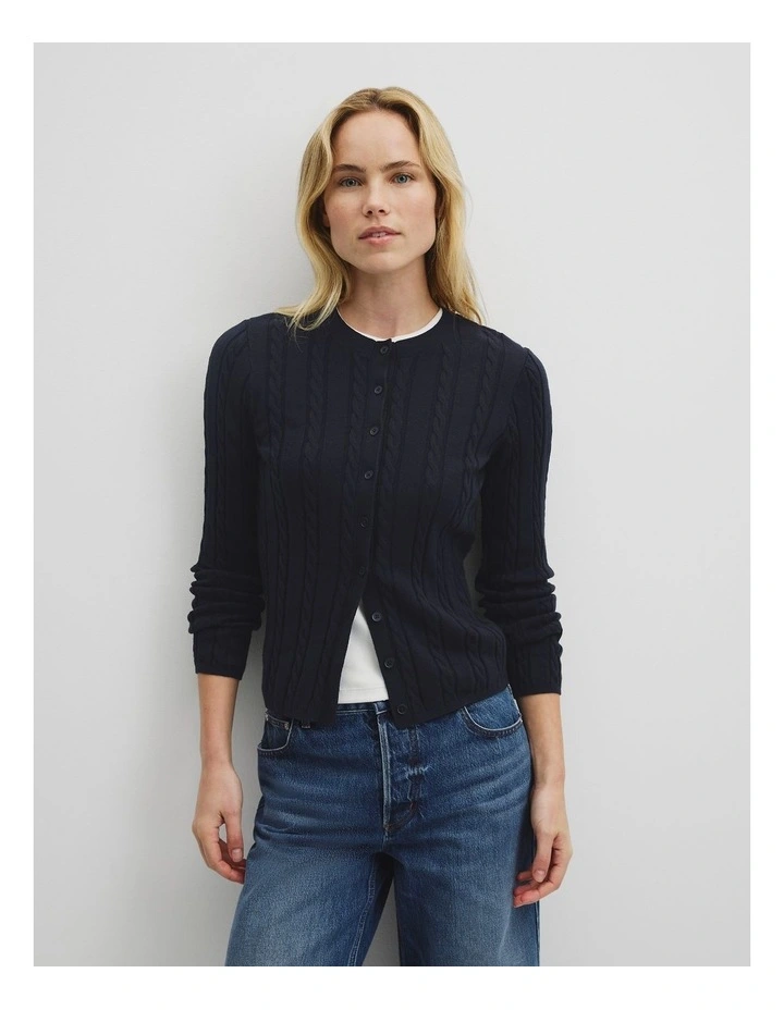 Organically Grown Cotton Blend Cable Knit Cardigan in Twilight image 1