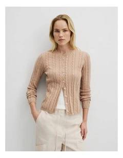 Organically Grown Cotton Blend Cable Knit Cardigan in Latte Marle
