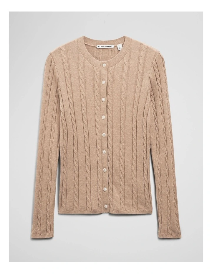 Organically Grown Cotton Blend Cable Knit Cardigan in Latte Marle image 2