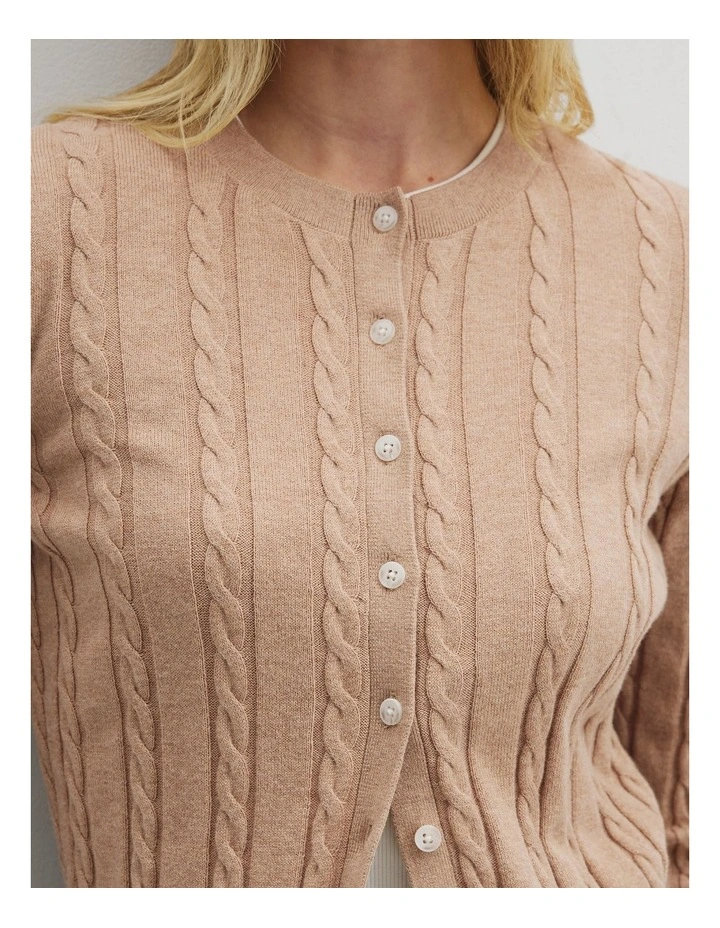 Organically Grown Cotton Blend Cable Knit Cardigan in Latte Marle image 3