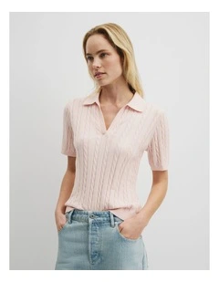 Organically Grown Cotton Blend Cable Polo Knit in Peony