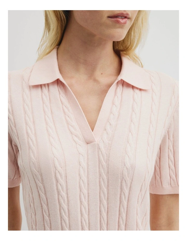 Organically Grown Cotton Blend Cable Polo Knit in Peony image 3