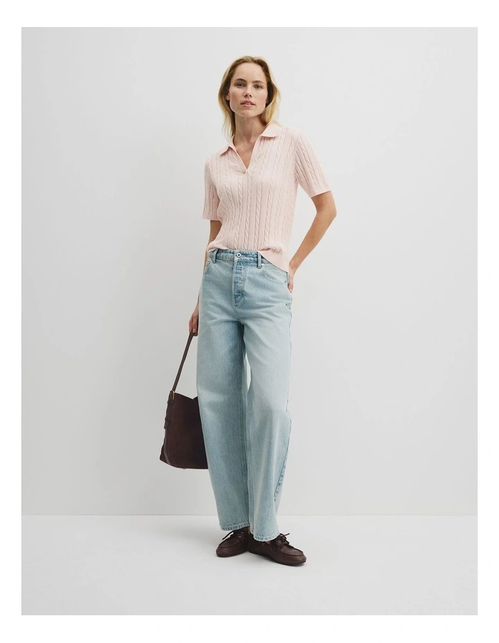 Organically Grown Cotton Blend Cable Polo Knit in Peony image 4