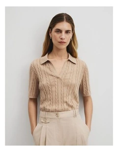 Organically Grown Cotton Blend Cable Polo Knit in Latte Marle