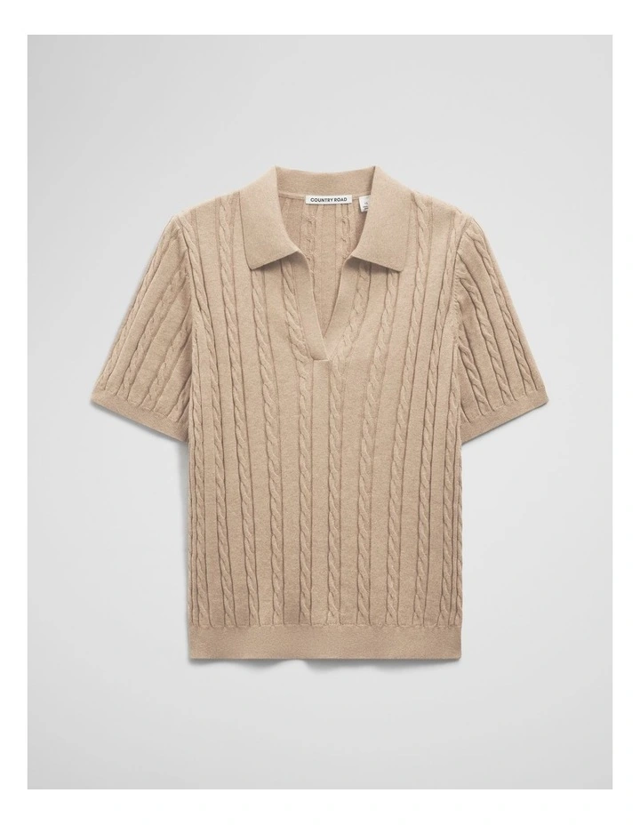 Organically Grown Cotton Blend Cable Polo Knit in Latte Marle image 2