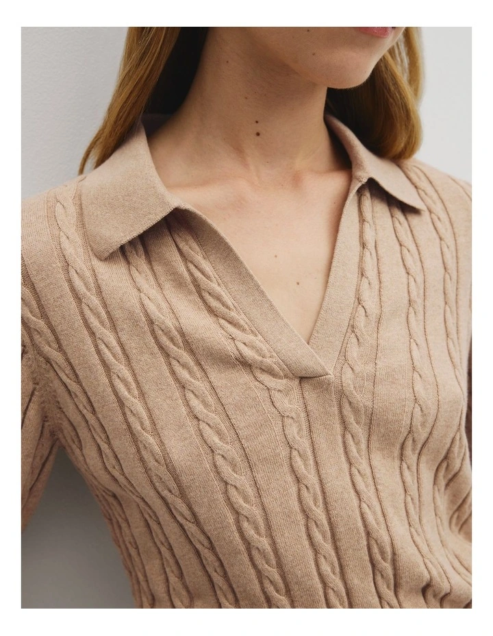 Organically Grown Cotton Blend Cable Polo Knit in Latte Marle image 3