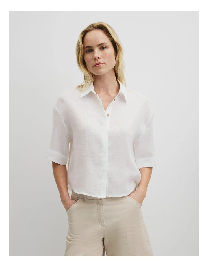 Short Sleeve Linen Shirt in White image 1