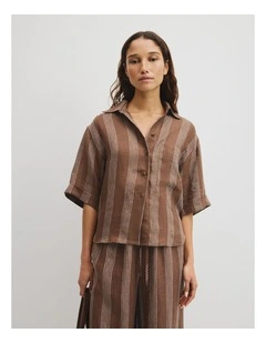 Stripe Short Sleeve Linen Shirt in Mocha Stripe