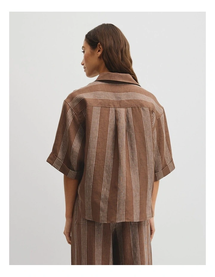 Stripe Short Sleeve Linen Shirt in Mocha Stripe image 5