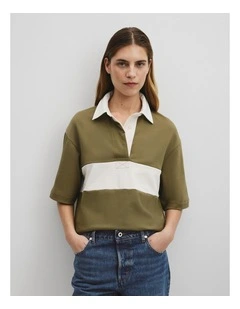 Australian Cotton Short Sleeve Workwear Block Rugby Polo in Olive Haze