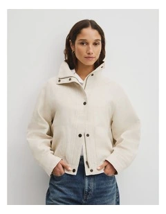 Linen Funnel Neck Jacket in Almond