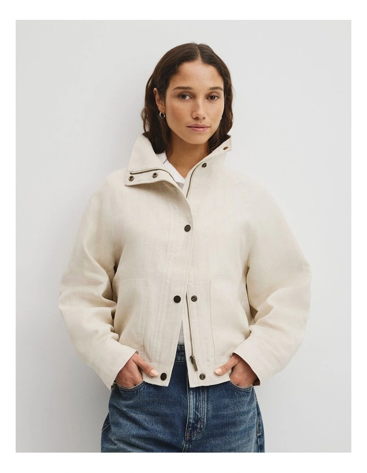 Linen Funnel Neck Jacket in Almond image 1
