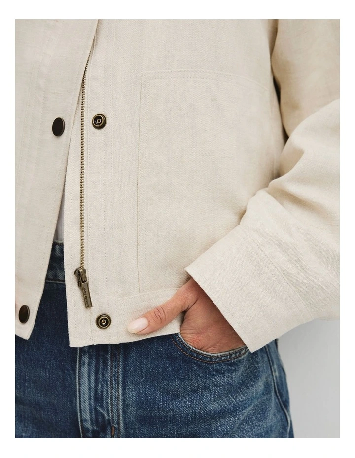Linen Funnel Neck Jacket in Almond image 2