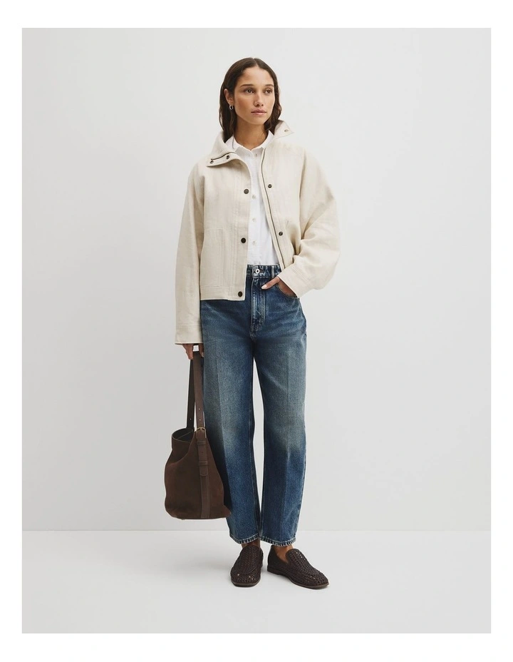 Linen Funnel Neck Jacket in Almond image 3