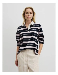 Australian Cotton Stripe Rugby Polo Sweat in Navy Multi Stripe