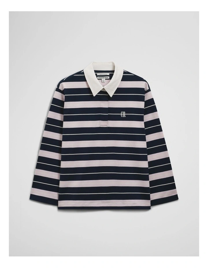 Australian Cotton Stripe Rugby Polo Sweat in Navy Multi Stripe image 2