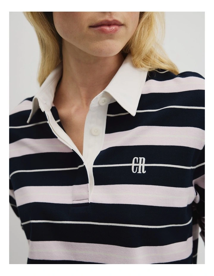 Australian Cotton Stripe Rugby Polo Sweat in Navy Multi Stripe image 3