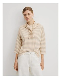 Australian Cotton Scarf Crop Sleeve T-shirt in Sand Stripe