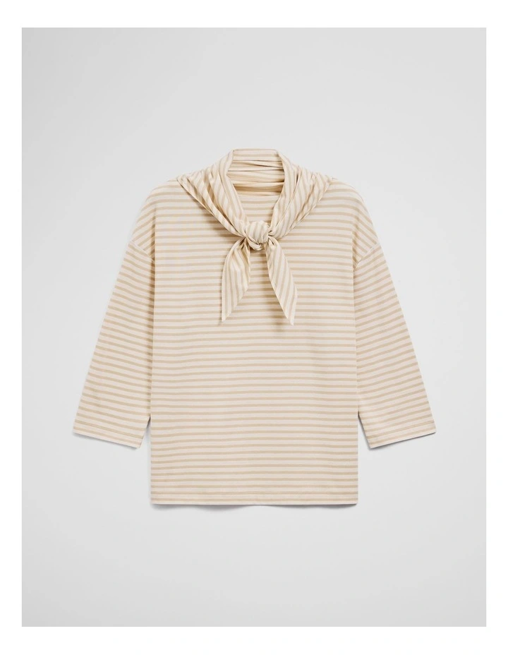 Australian Cotton Scarf Crop Sleeve T-shirt in Sand Stripe image 2