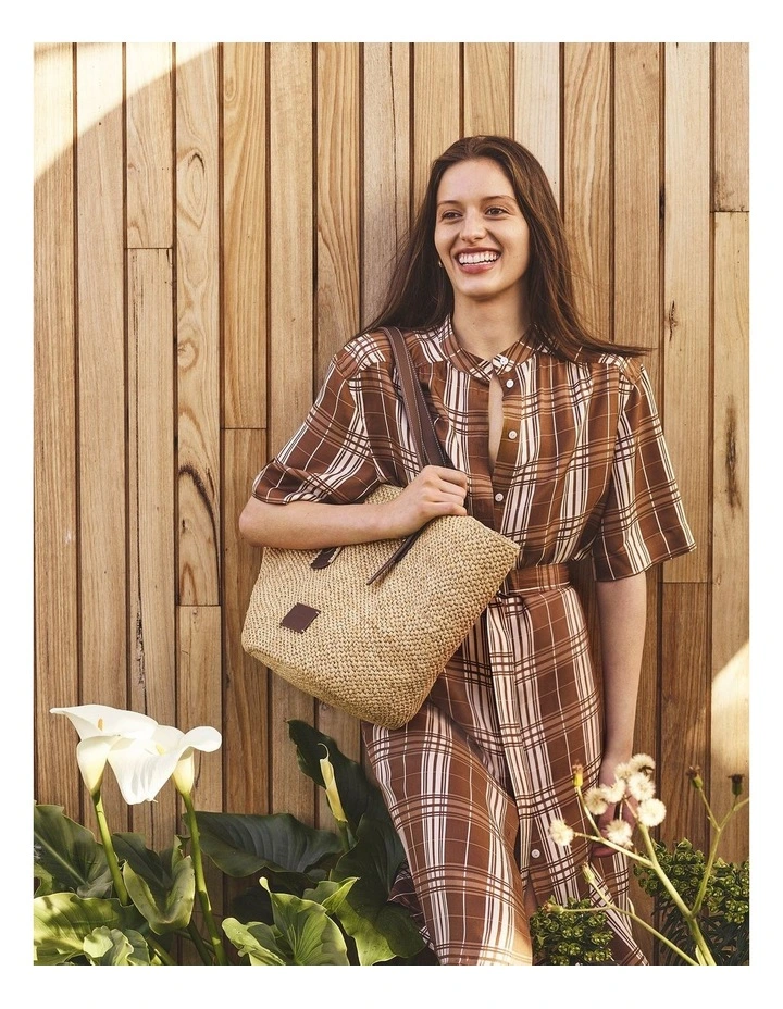Check Silk Shirt Dress in Copper Check image 2