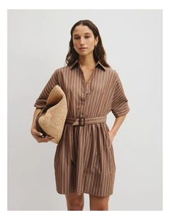 Belted Mini Shirt Dress in Mocha Stripe