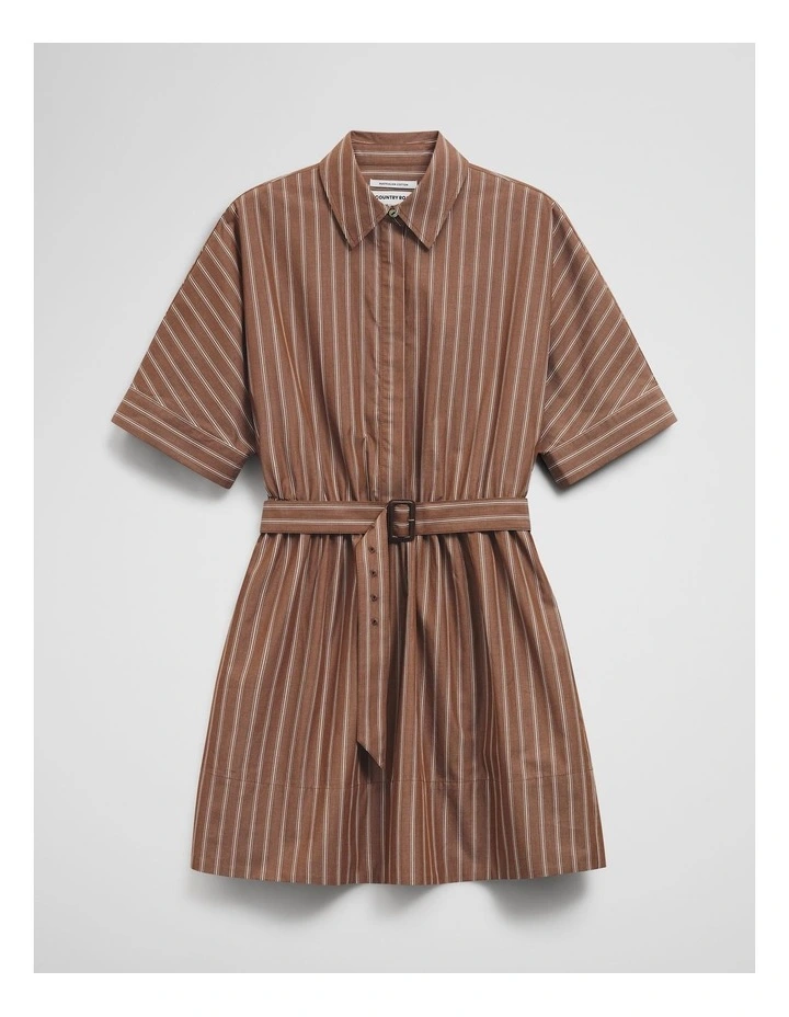 Belted Mini Shirt Dress in Mocha Stripe image 2