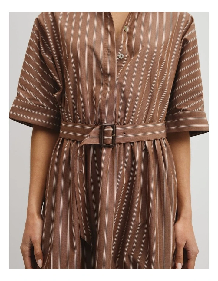 Belted Mini Shirt Dress in Mocha Stripe image 3