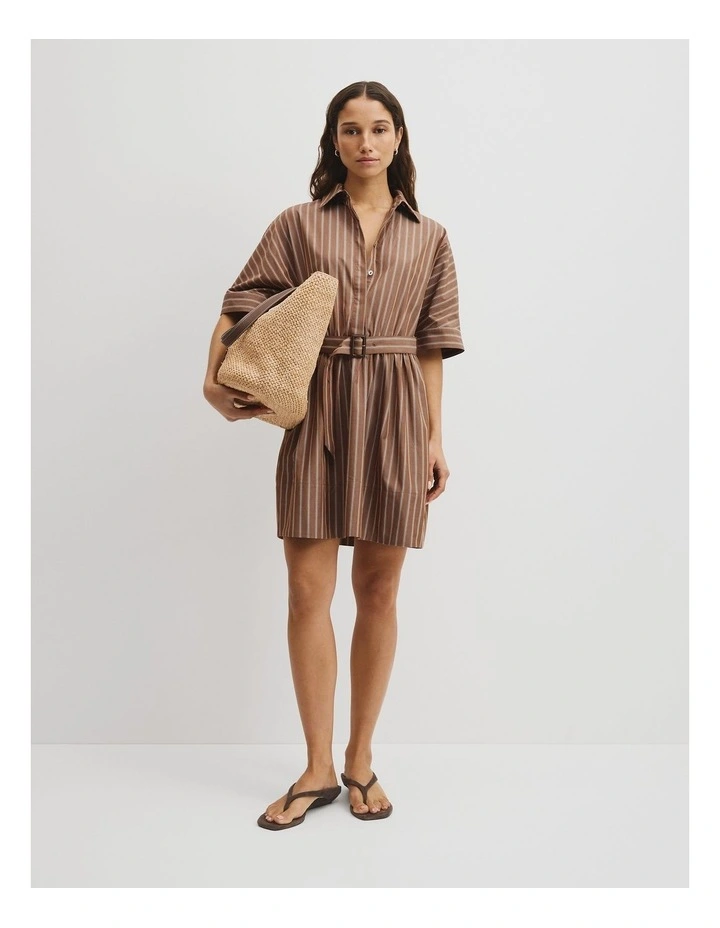 Belted Mini Shirt Dress in Mocha Stripe image 4
