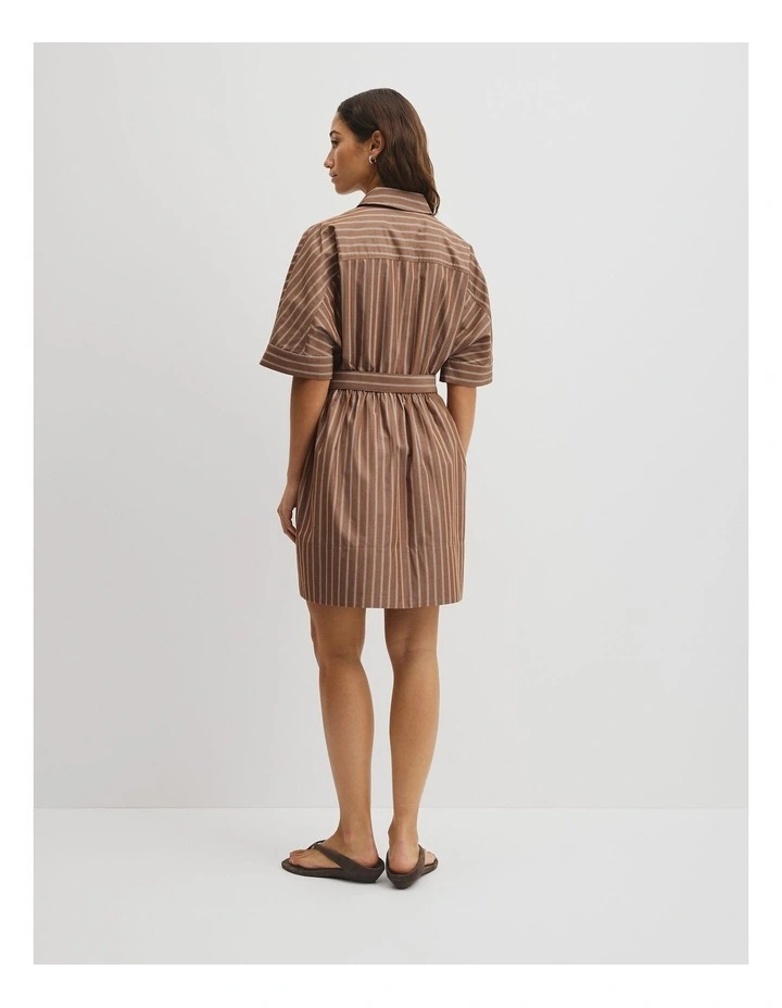 Belted Mini Shirt Dress in Mocha Stripe image 5