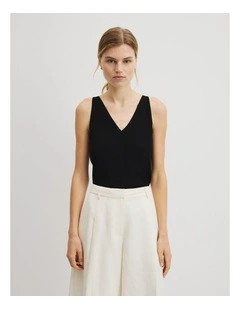 V-neck Rib Detail Knit Tank in Black