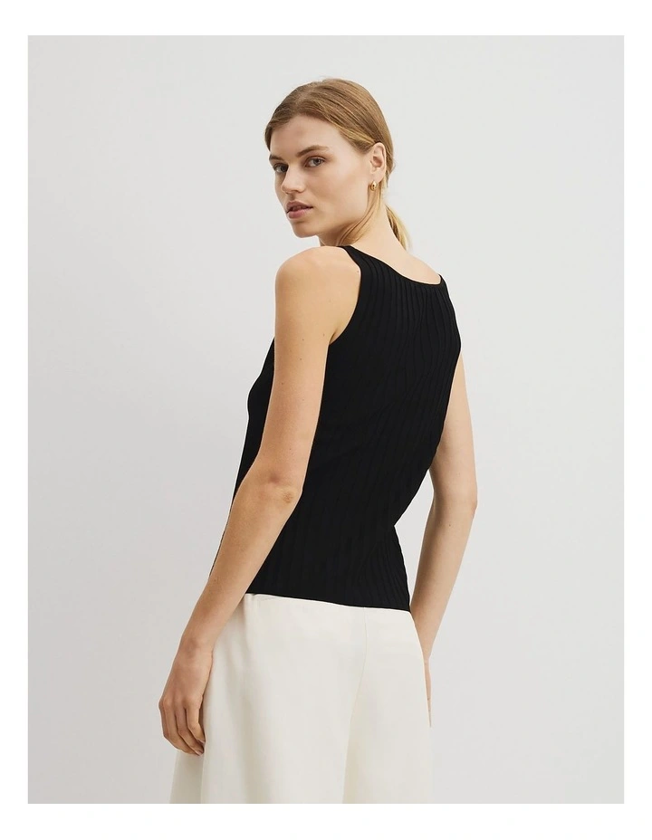 V-neck Rib Detail Knit Tank in Black image 5
