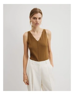 V-neck Rib Detail Knit Tank in Copper Brown