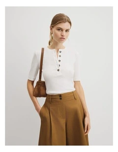 Fine Rib Henley T-shirt in Antique White