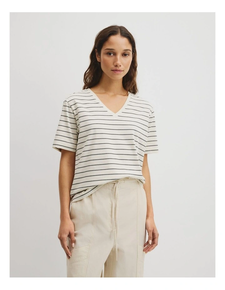 Australian Cotton Stripe V-Neck T-shirt in Black Stripe image 1