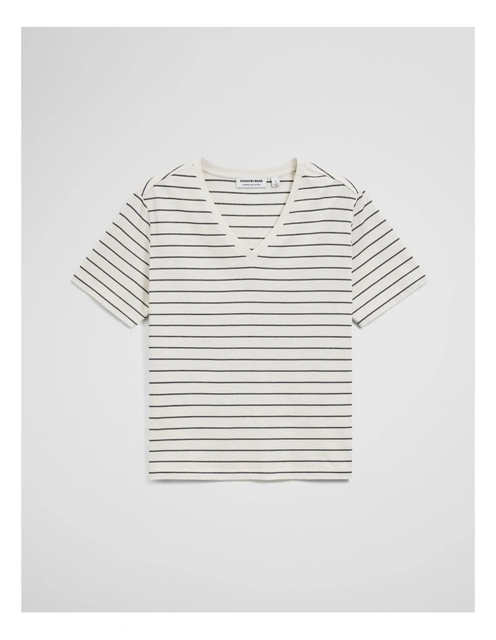 Australian Cotton Stripe V-Neck T-shirt in Black Stripe image 2