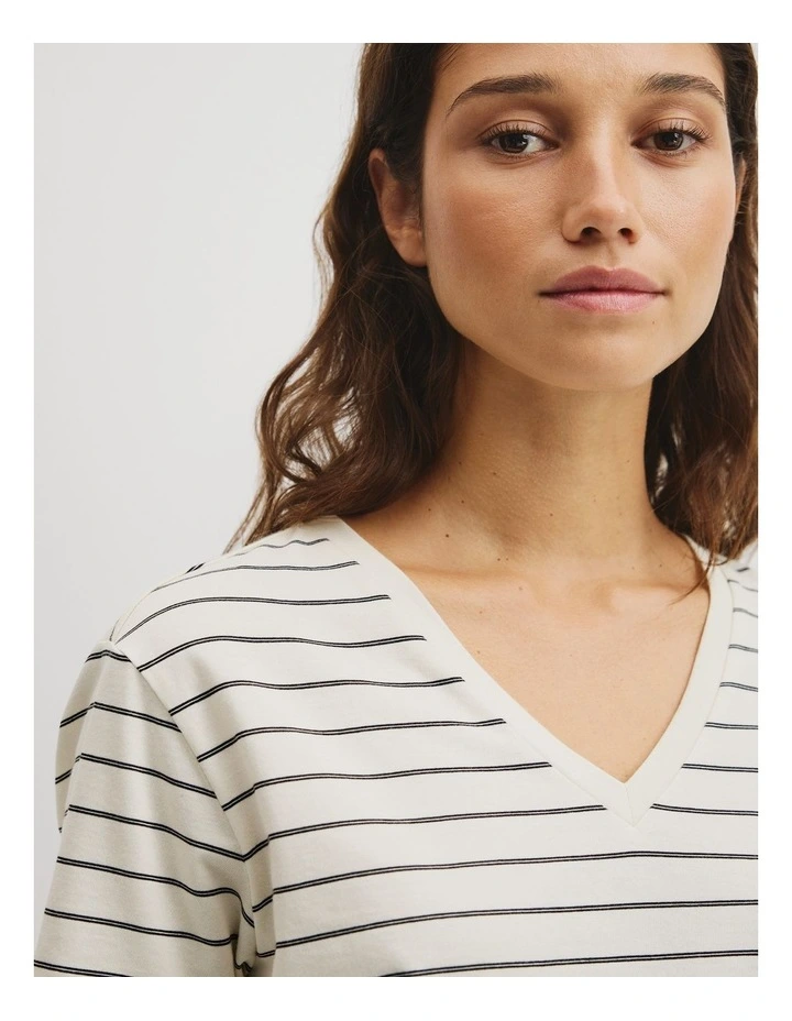 Australian Cotton Stripe V-Neck T-shirt in Black Stripe image 3
