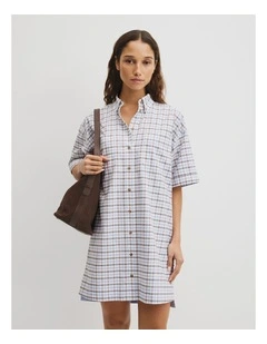 Short Sleeve Oxford Shirt Dress in Tan Check