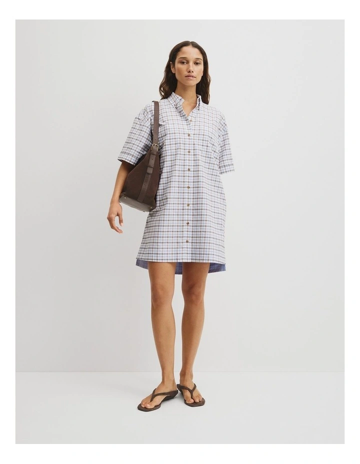 Short Sleeve Oxford Shirt Dress in Tan Check image 4