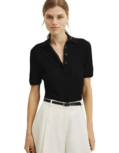 Australian Cotton Blend Short Sleeve Rib Knit Polo in Black