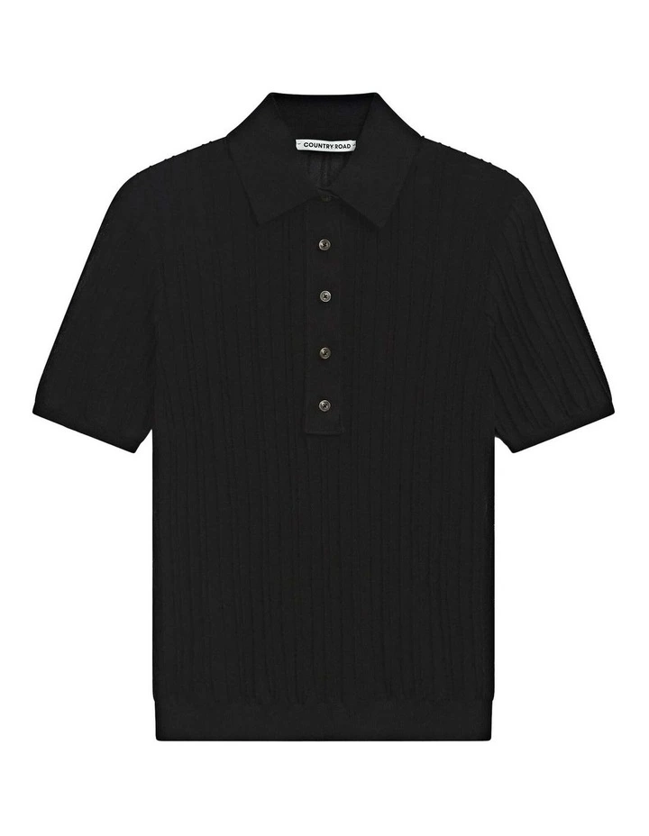 Australian Cotton Blend Short Sleeve Rib Knit Polo in Black image 2