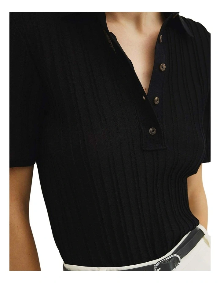 Australian Cotton Blend Short Sleeve Rib Knit Polo in Black image 3